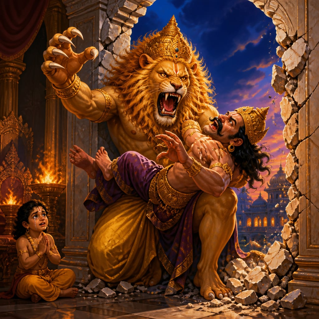 Narasimha the half-lion half-man avatar bursting from the shattered pillar at twilight