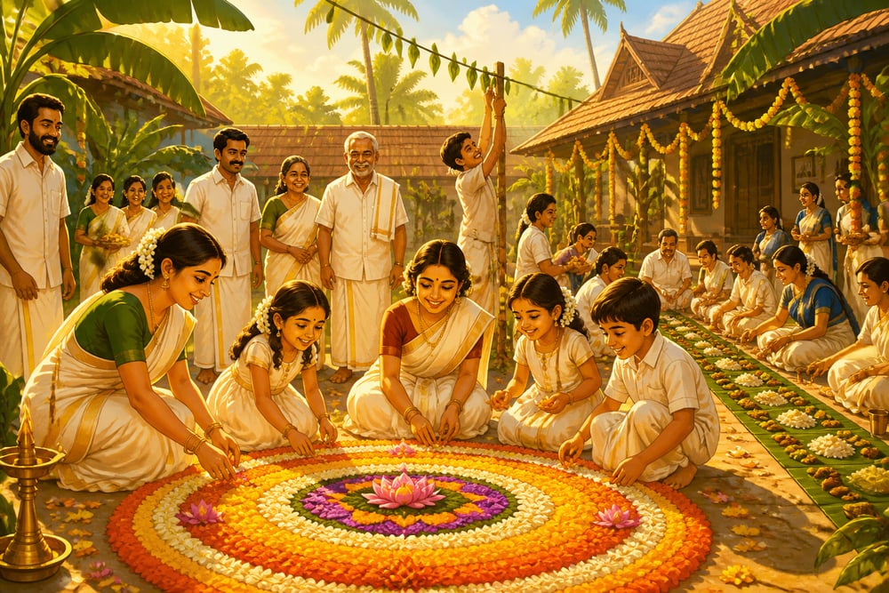 Modern Kerala families celebrating Onam with pookalam and feast