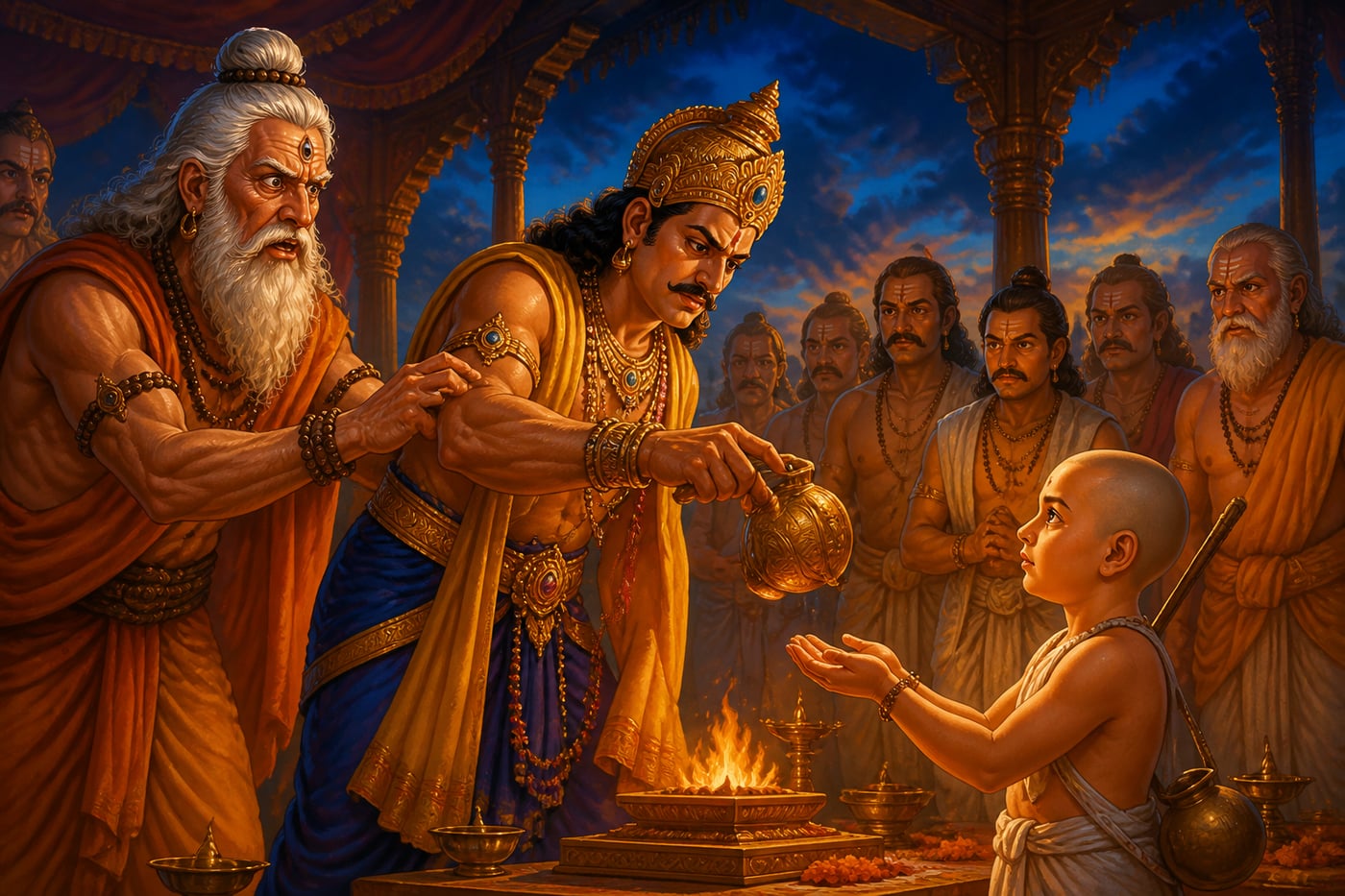 Shukracharya gripping Bali's wrist to stop the gift to Vamana