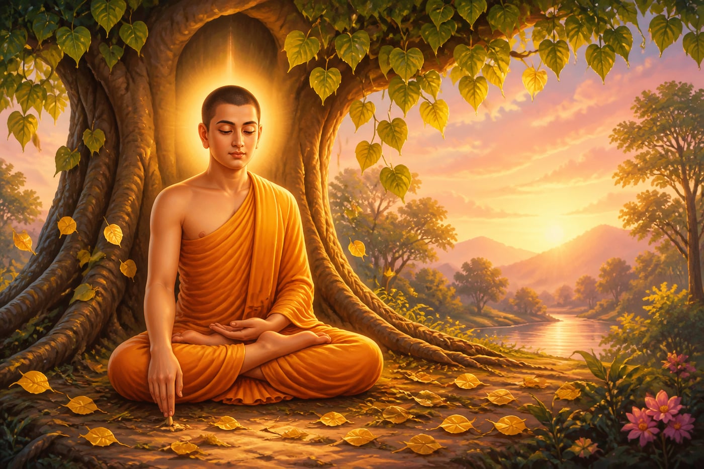 The Buddha awakening beneath the Bodhi tree at dawn