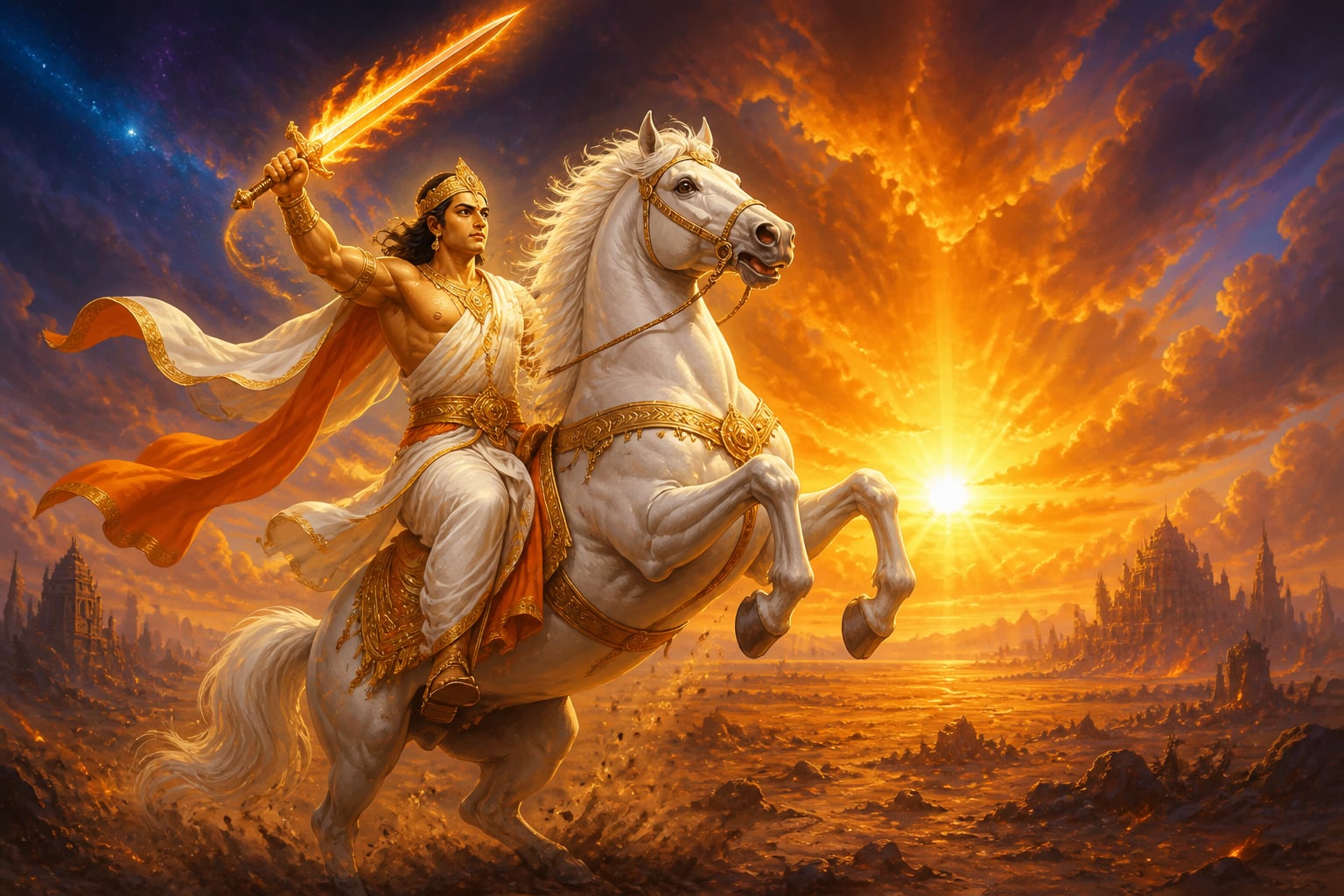 Kalki arriving on his white horse with flaming sword at the end of the age