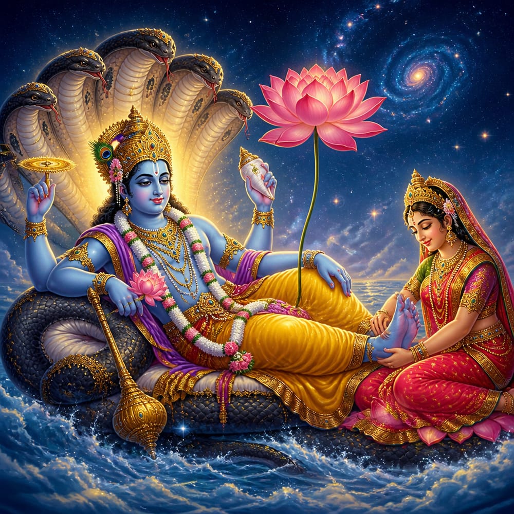 Vishnu reclining on the cosmic serpent Sheshanaga in the milky ocean