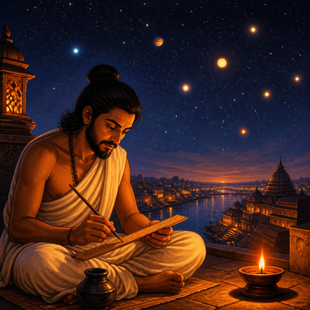 Young Aryabhata writing on a Kusumapura rooftop