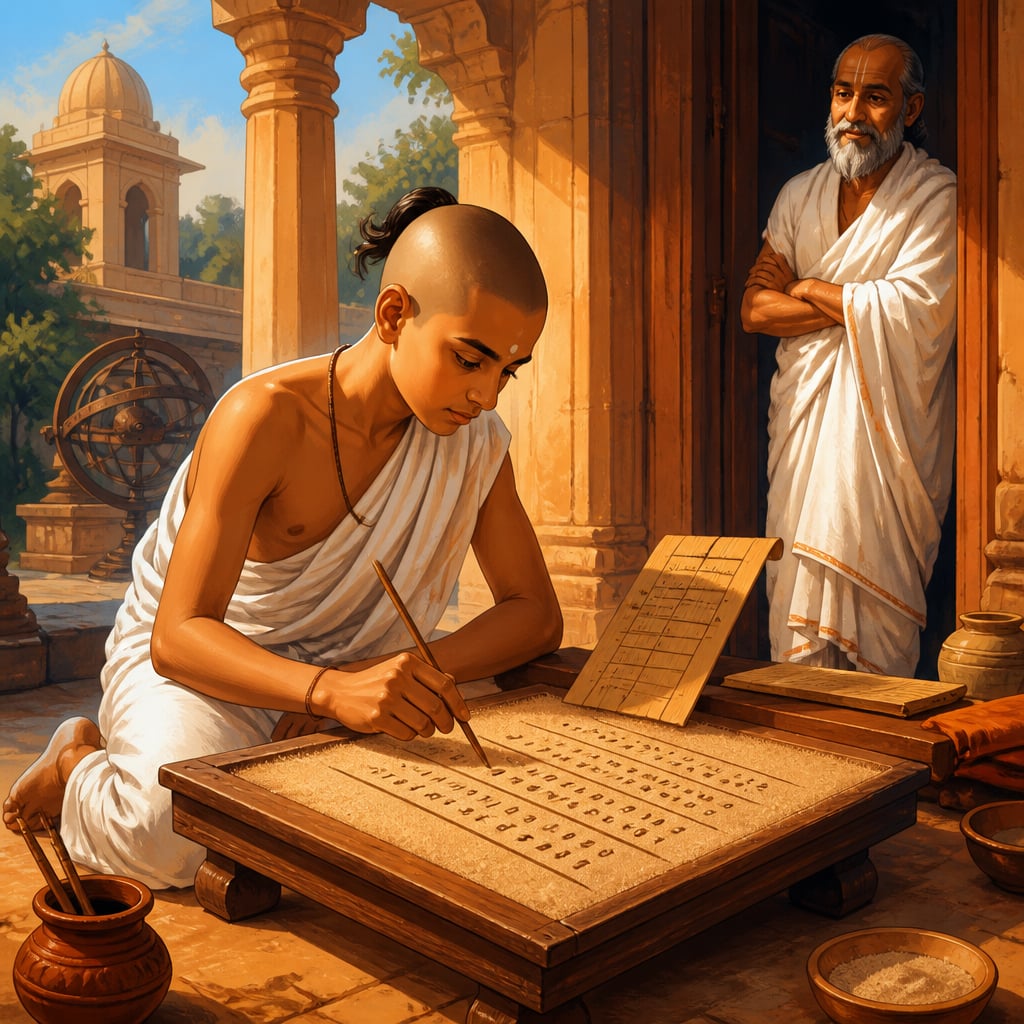 An apprentice working figures on a sand board