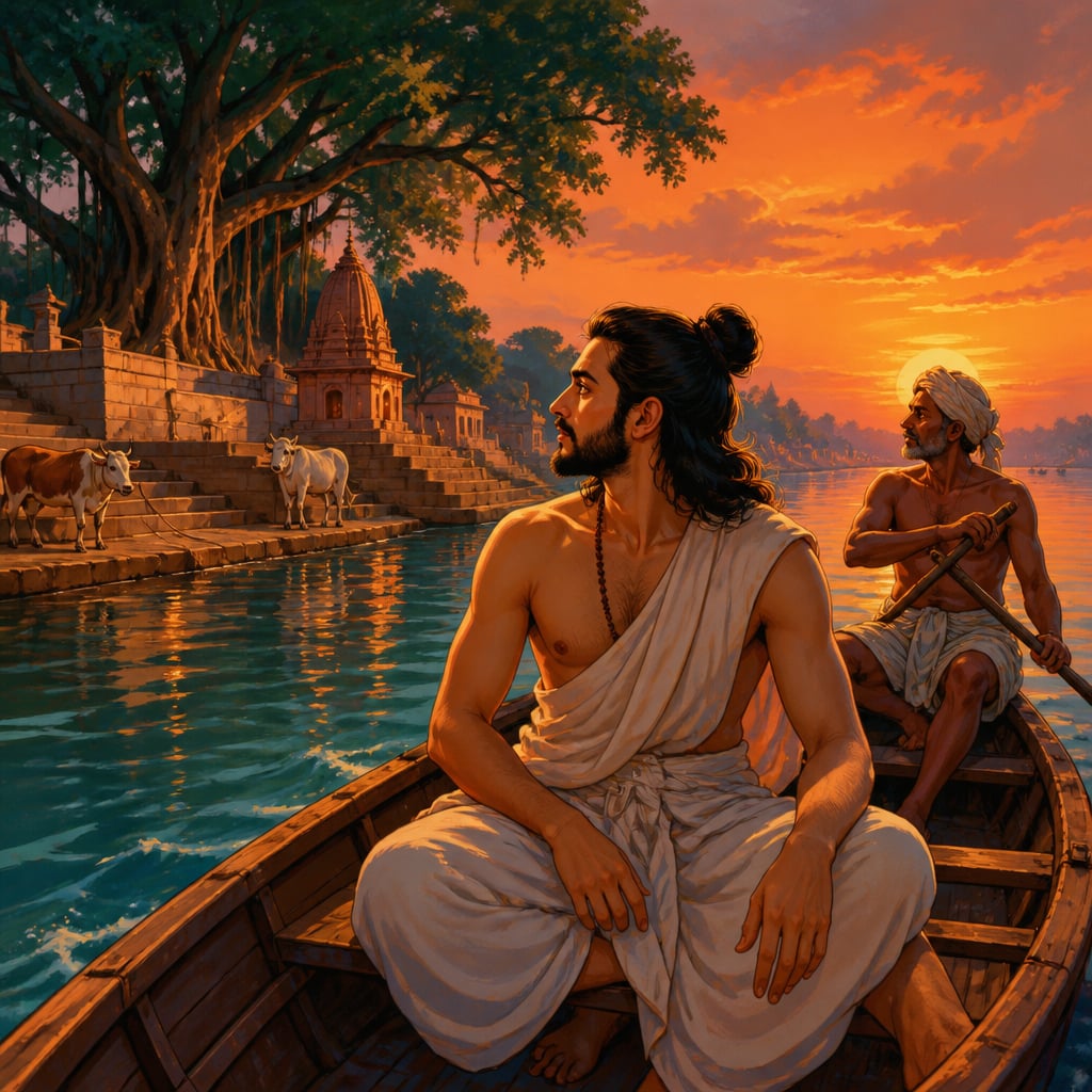 Aryabhata in a boat watching the shore glide past