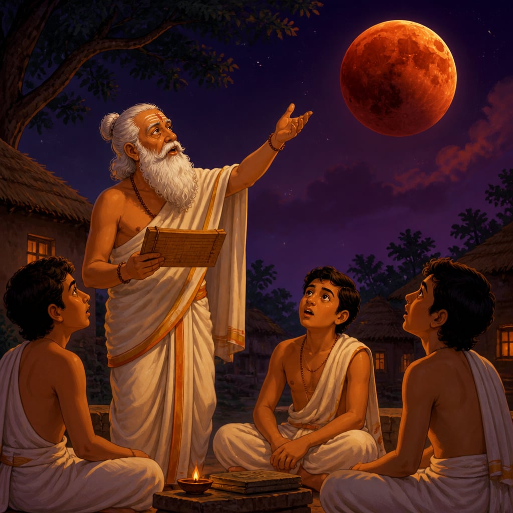 An astronomer showing students the coppery eclipsed Moon
