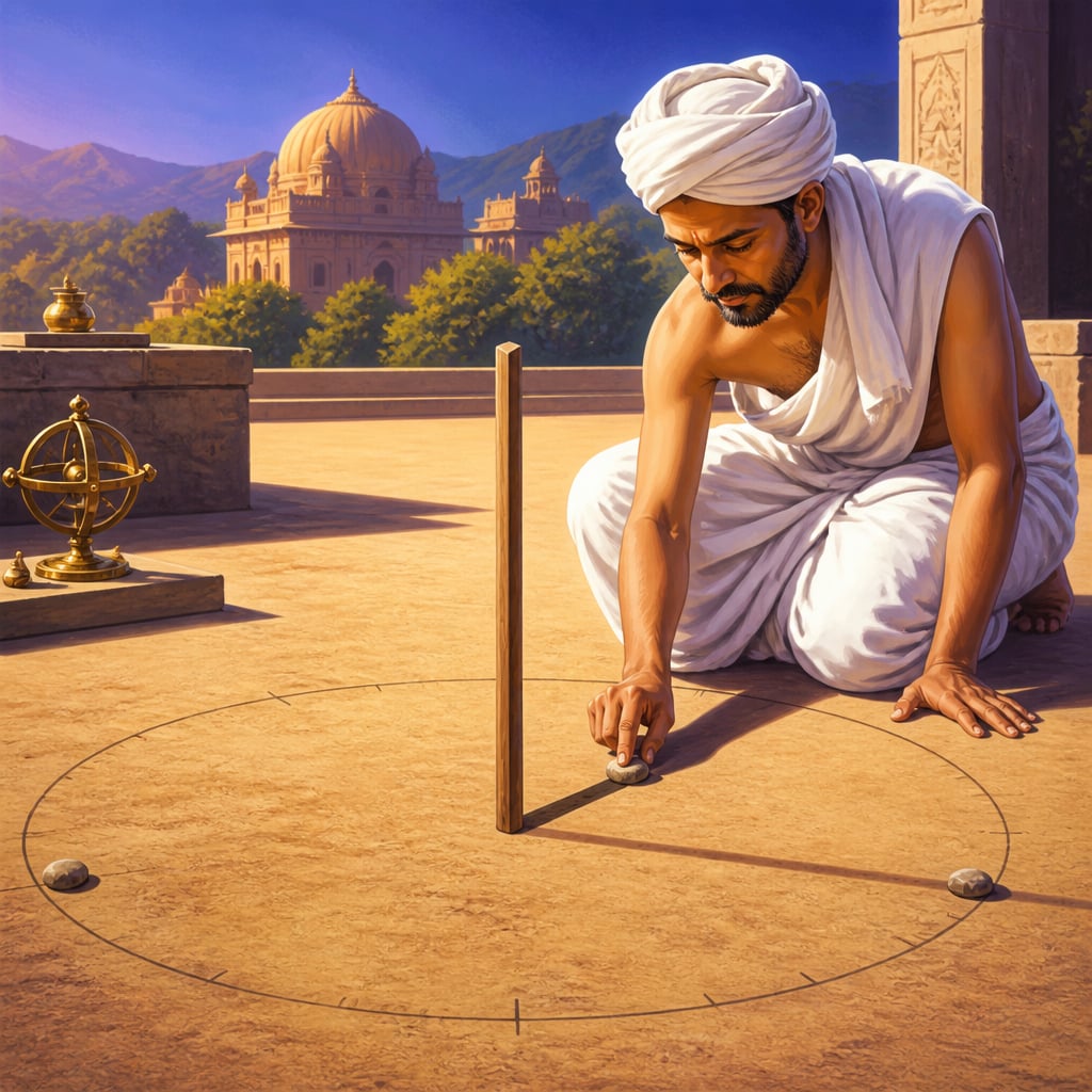 An astronomer marking the gnomon's shadow on a circle