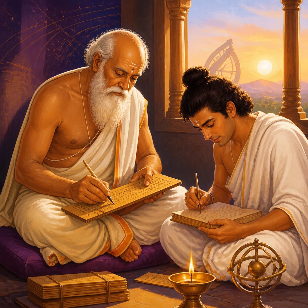 The aged Bhaskaracharya writing his handbook of tables