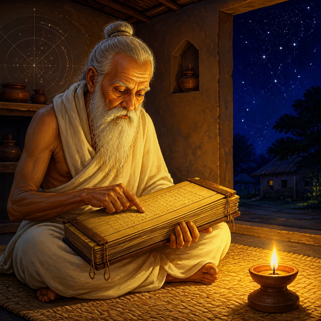 A scholar reading the little palm-leaf book