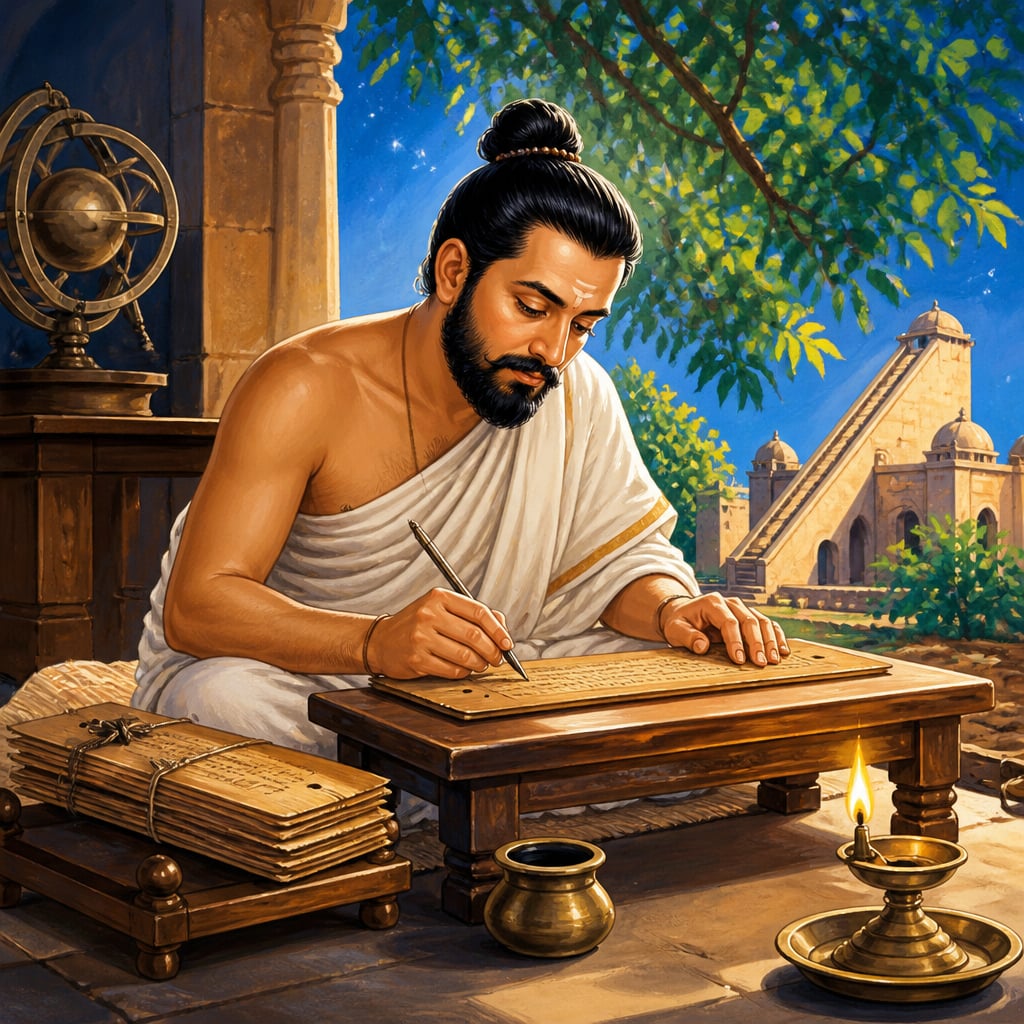 Bhaskara I writing his commentary in 629