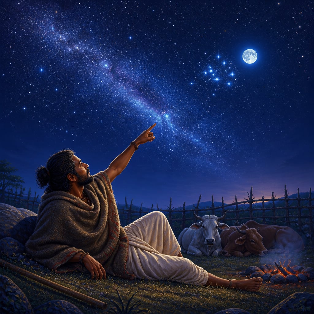 A Vedic sky-watcher following the moon past the Pleiades