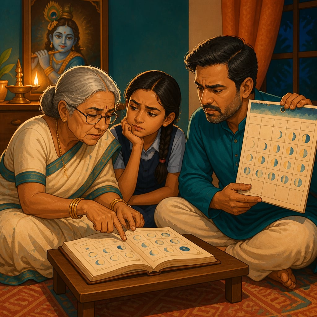 A family checking the almanac for the Ekadashi fast