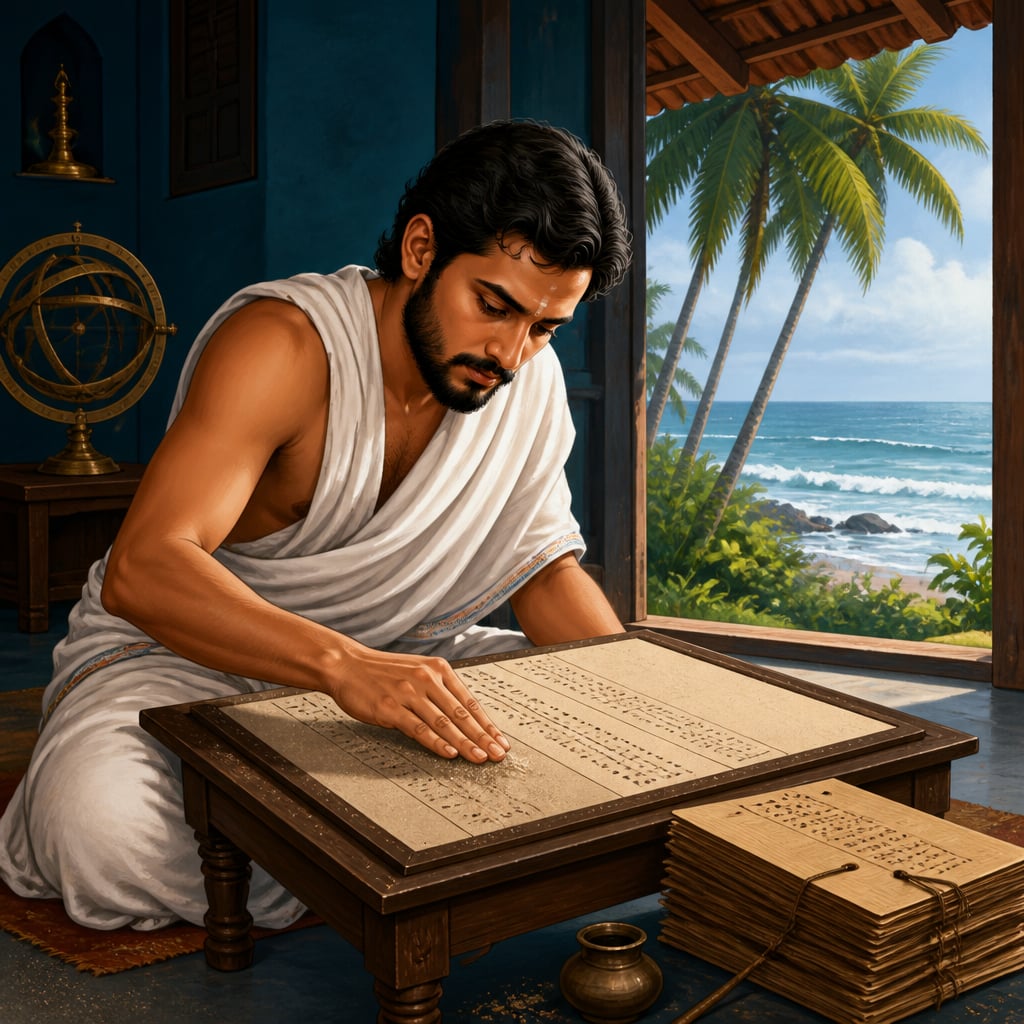Ganesa Daivajna working his tables on the Konkan coast