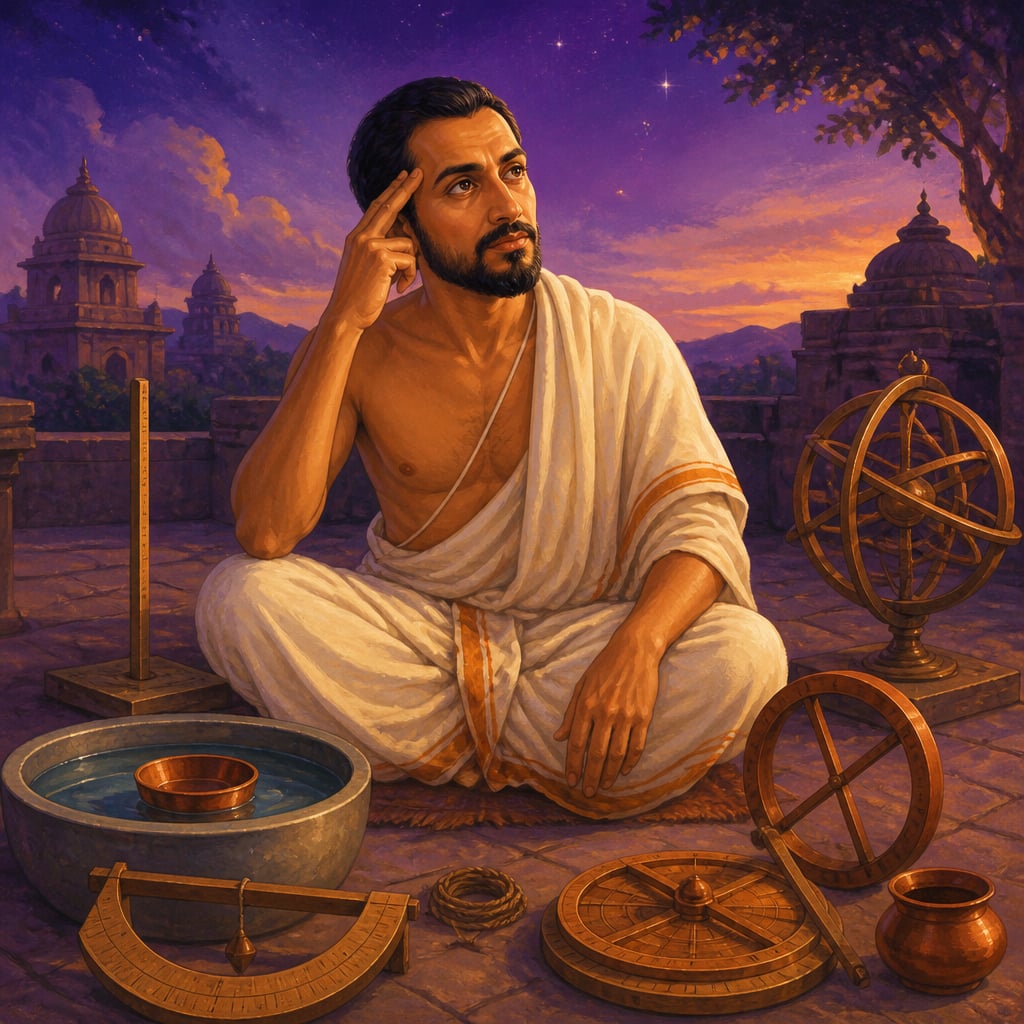 Bhaskara among his instruments, pointing to the mind