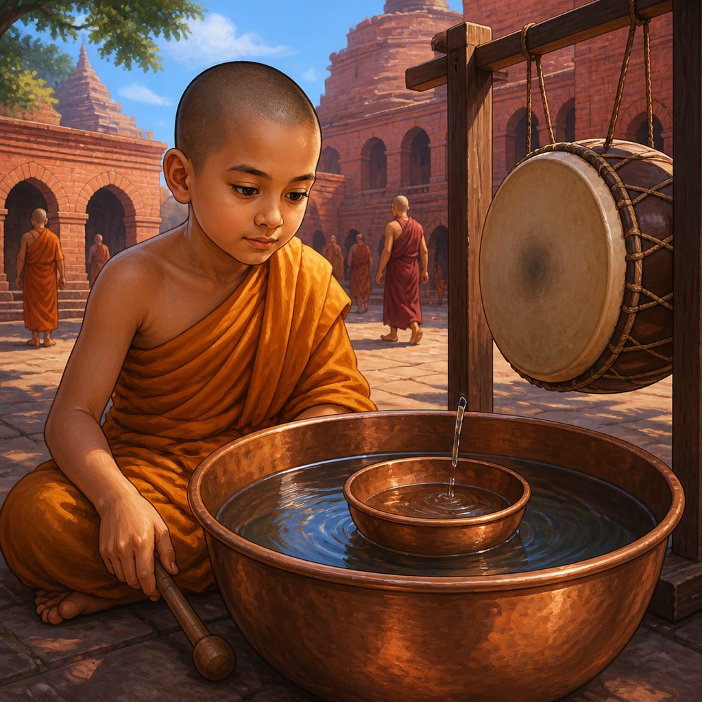 A boy timing the hours with the sinking bowl at Nalanda