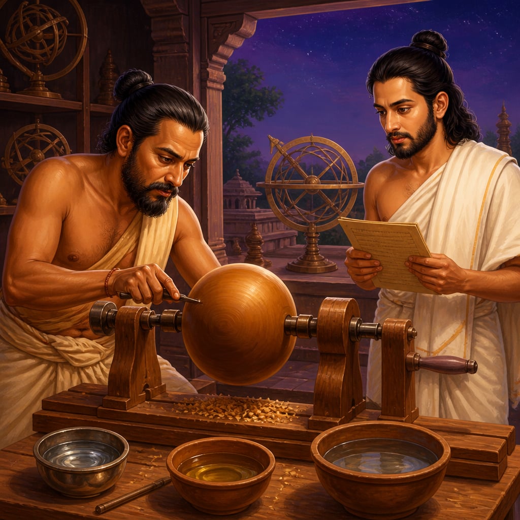 Aryabhata's wooden sphere being turned in a workshop