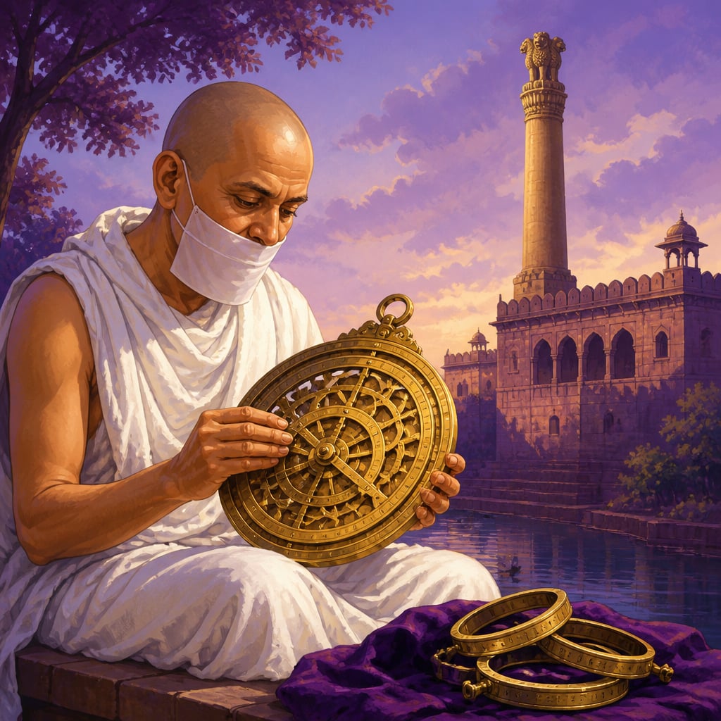 Mahendra Suri studying the astrolabe at Firozabad