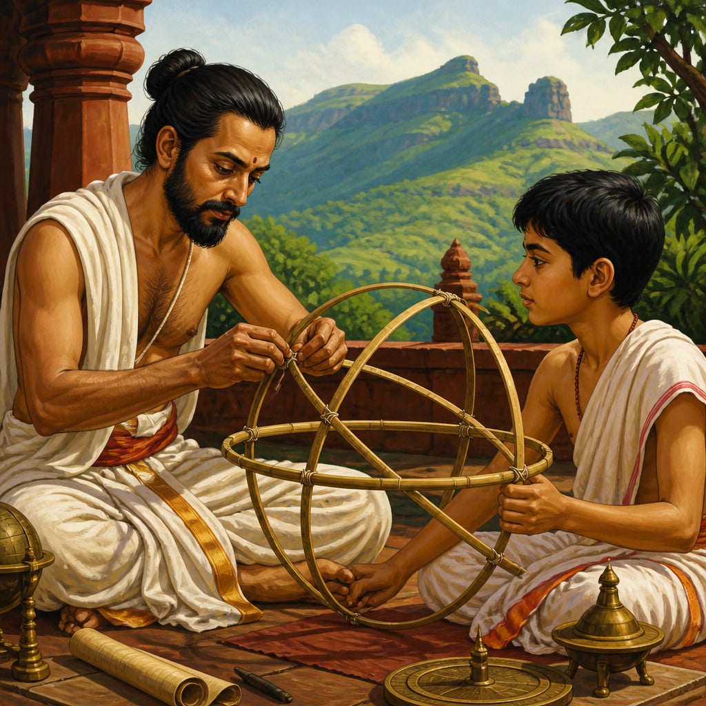 Bhaskara building a bamboo sphere of the sky