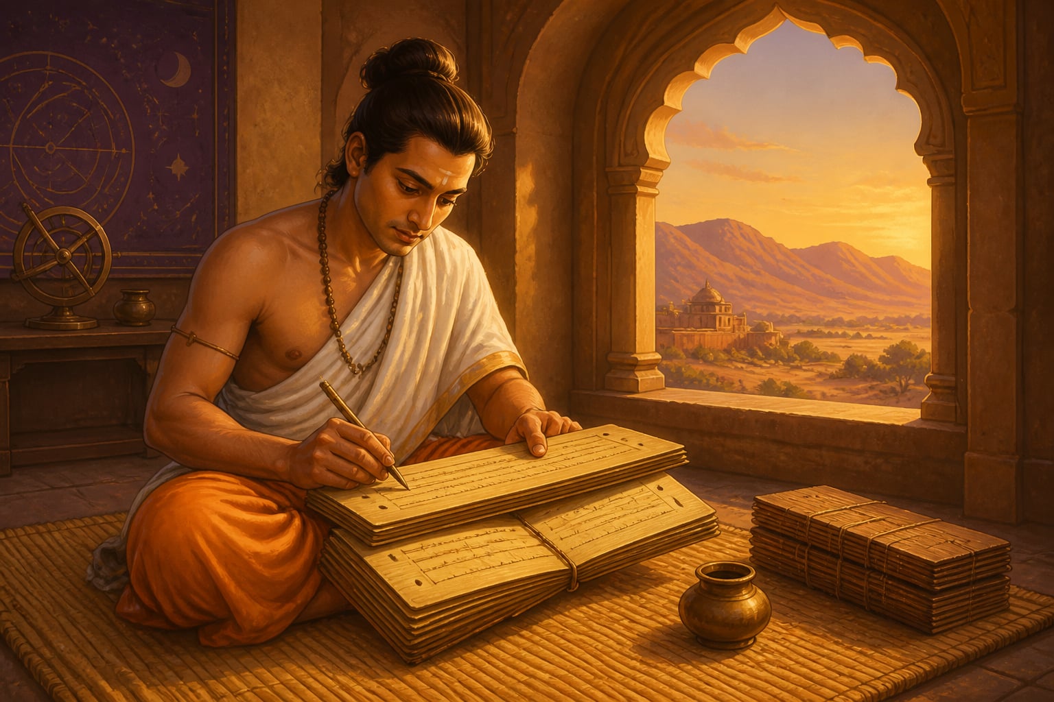 Brahmagupta inscribing a palm-leaf at Bhillamala