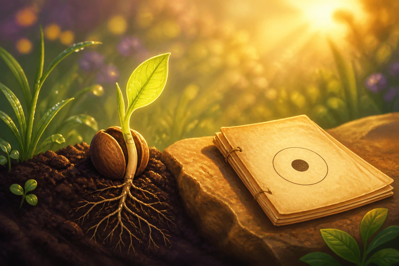 A sprouting bīja seed at the edge of a sunlit garden