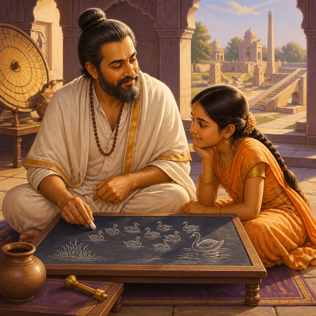 Bhaskara II setting a swan problem for his daughter Lilavati at the Ujjain observatory slate