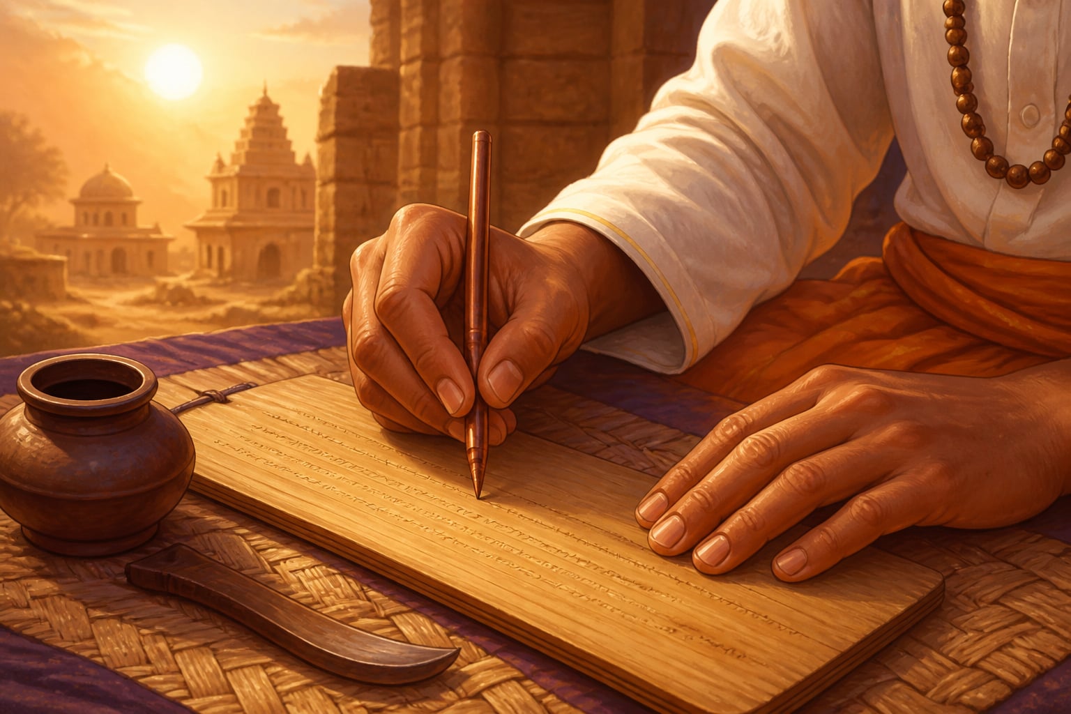 Brahmagupta's stylus inscribing the quadratic sūtra at Bhillamala