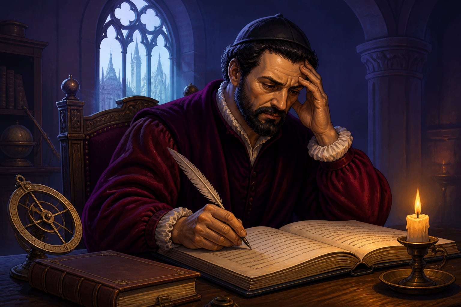 Cardano hesitating over a Latin manuscript in Milan, 1545