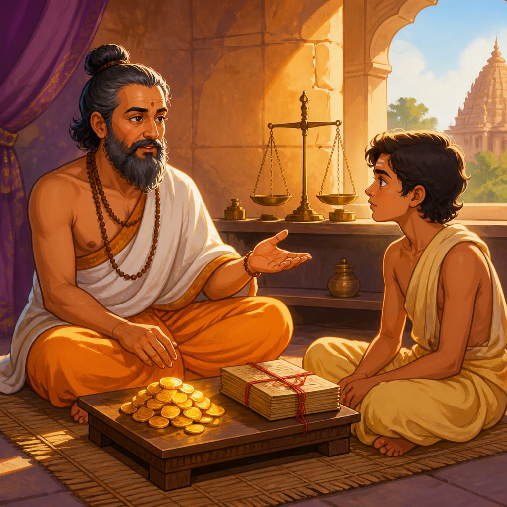 Brahmagupta explaining wealth and debt with gold coins and merchant ledgers at Bhillamala