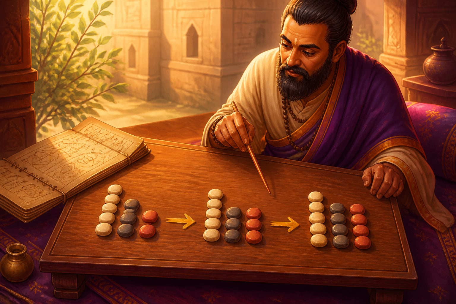 Brahmagupta demonstrating the bhāvanā composition with pebble triplets