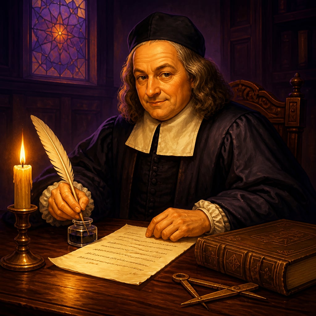 Pierre de Fermat writing his quadratic challenge by candlelight in his Toulouse study