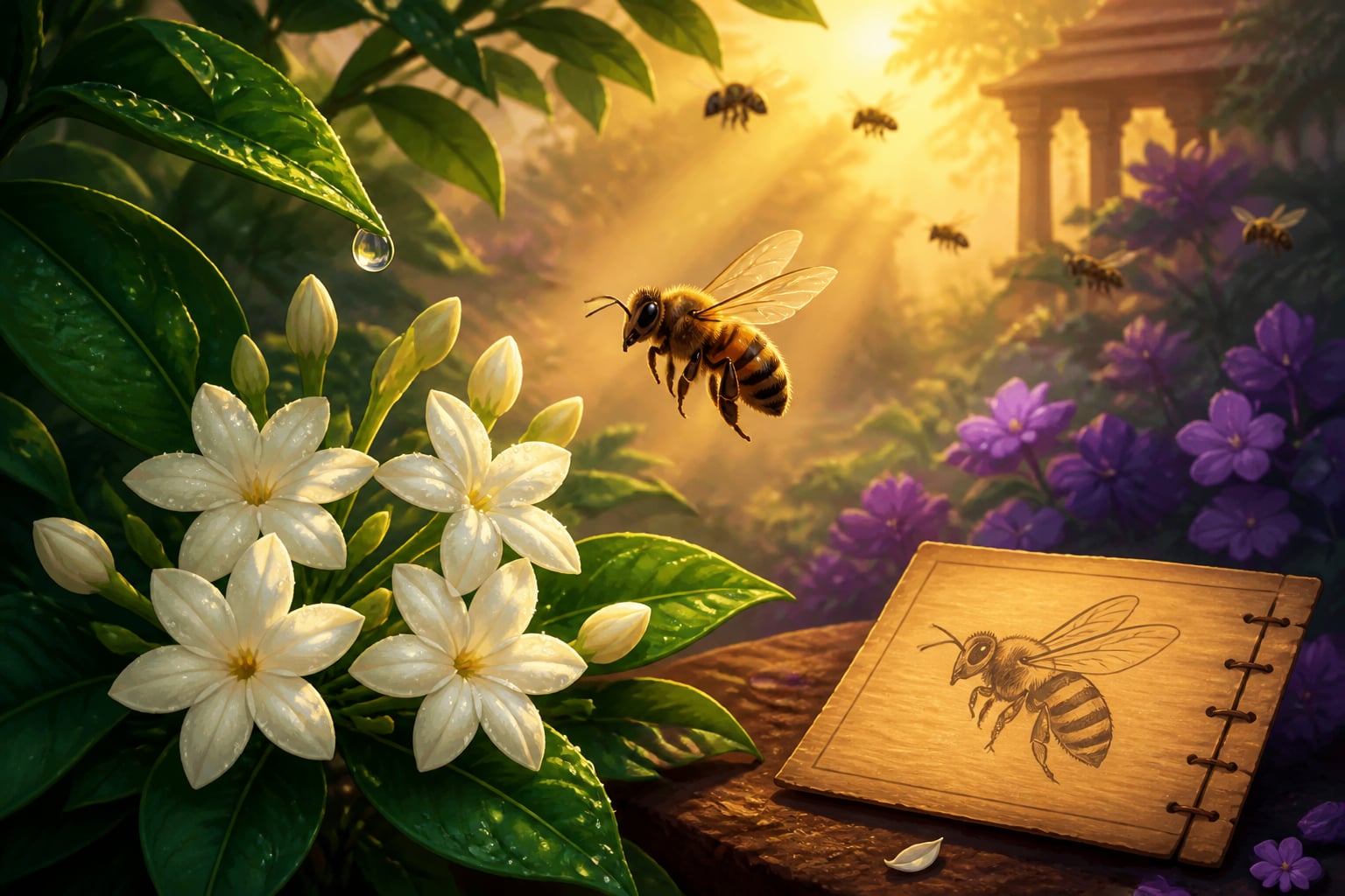 A bee hovering over jasmine blossoms at dawn