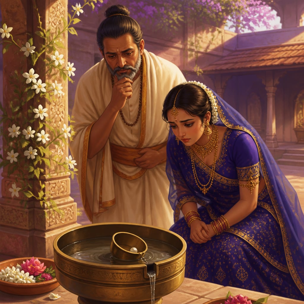 A pearl from Lilavati's hair ornament blocking the floating water clock on her wedding day