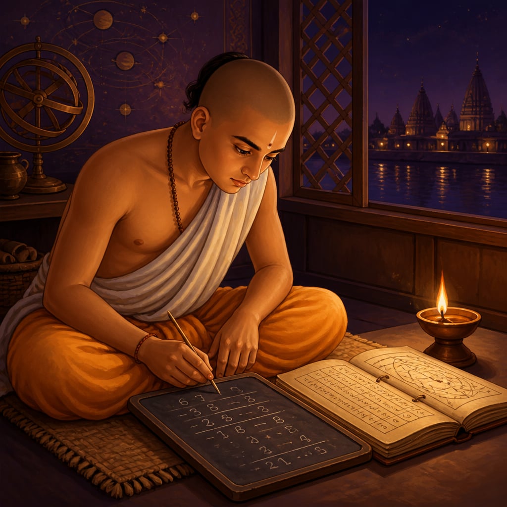 Aryabhata composing the kuttaka verses by oil lamp at Kusumapura on the Ganga