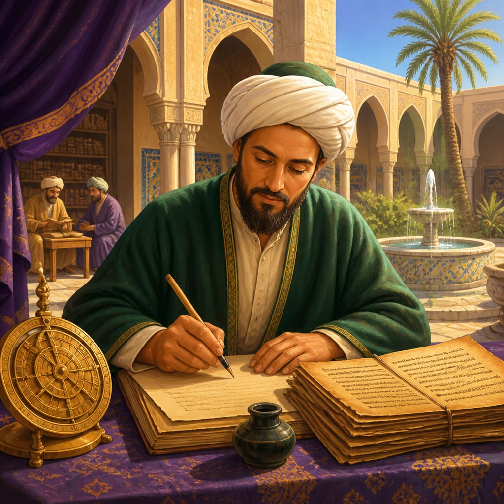 Al-Khwarizmi in a Baghdad courtyard at the Bayt al-Hikma translating Indian mathematical texts