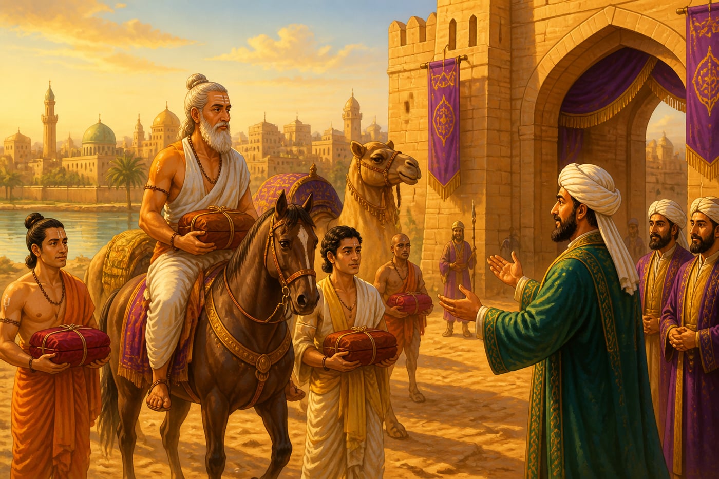 Indian scholars arriving at the gates of Baghdad in 771 CE