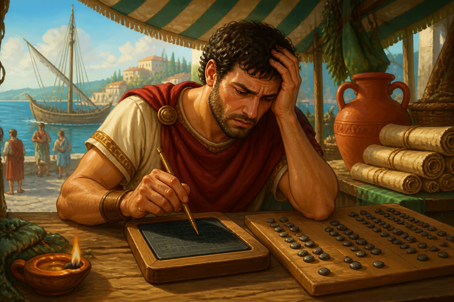 Roman merchant struggling with MCMXLVIII multiplication