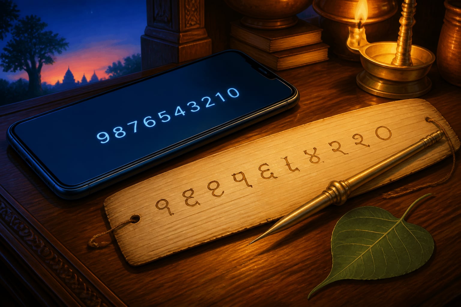 Smartphone and palm-leaf side by side