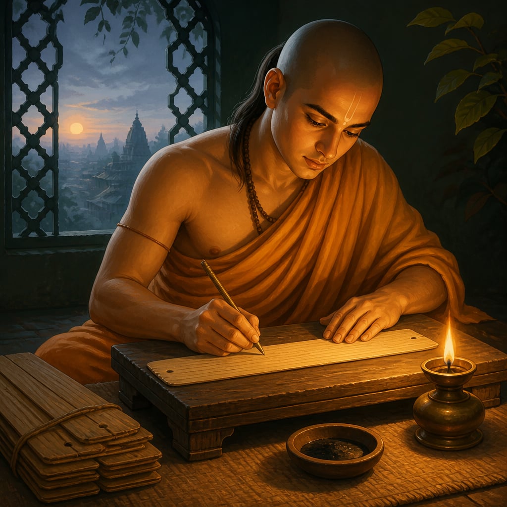 Aryabhata inscribing the place-value rule on palm leaf at dawn