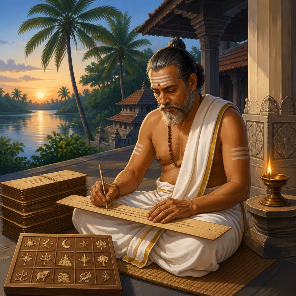 Madhava composing a Sanskrit verse that encodes pi