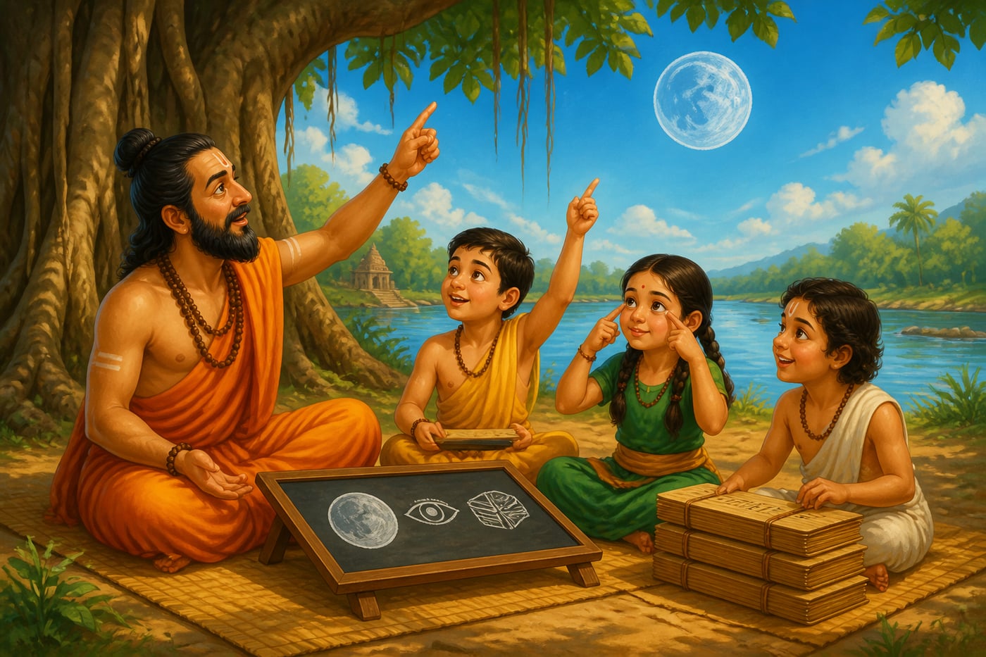 Sanskrit teacher and students naming object-numbers