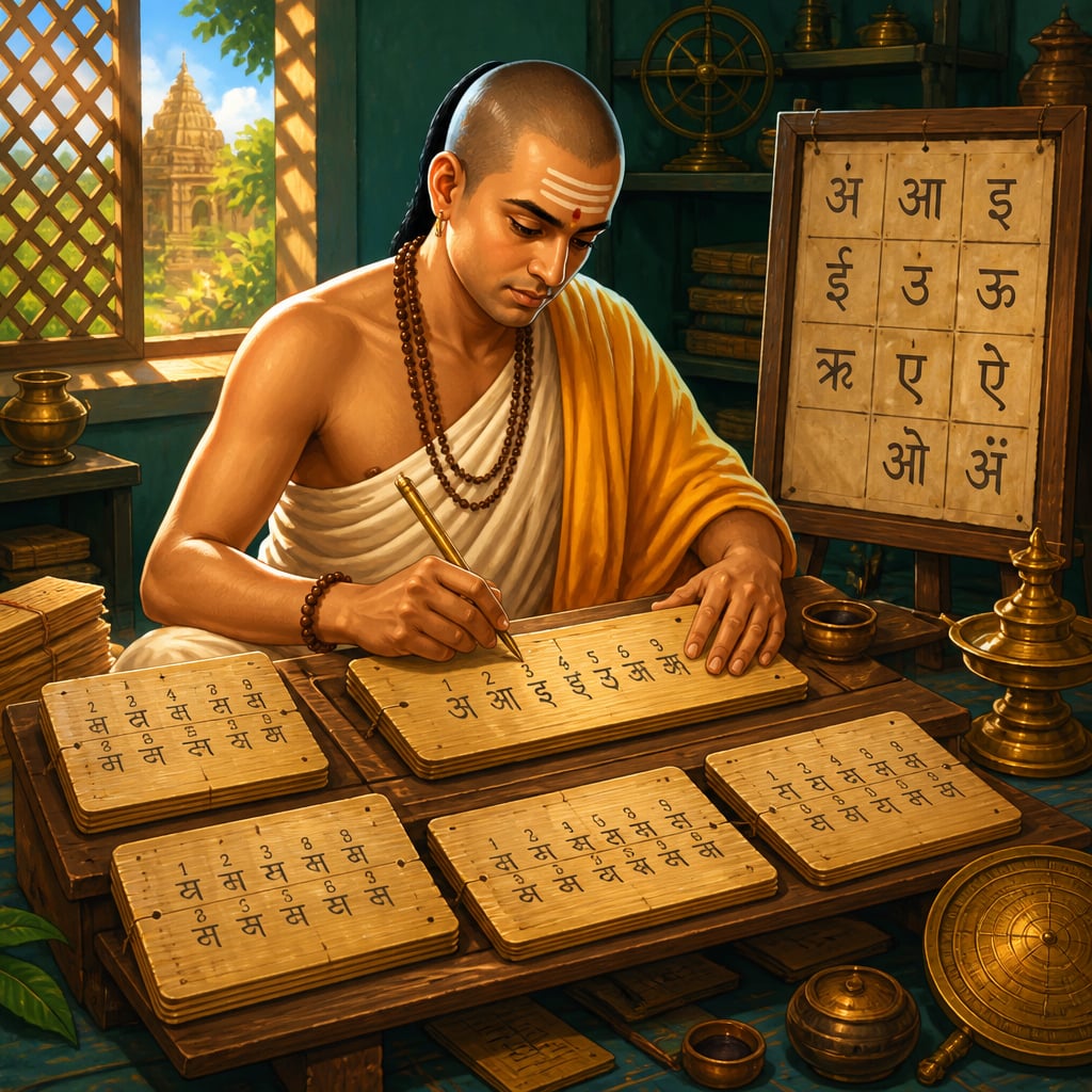Aryabhata writing the letter-numeral cipher on palm leaf