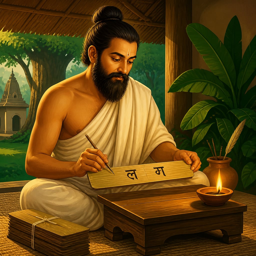 Pingala marking la and ga symbols on a palm-leaf prosody chart
