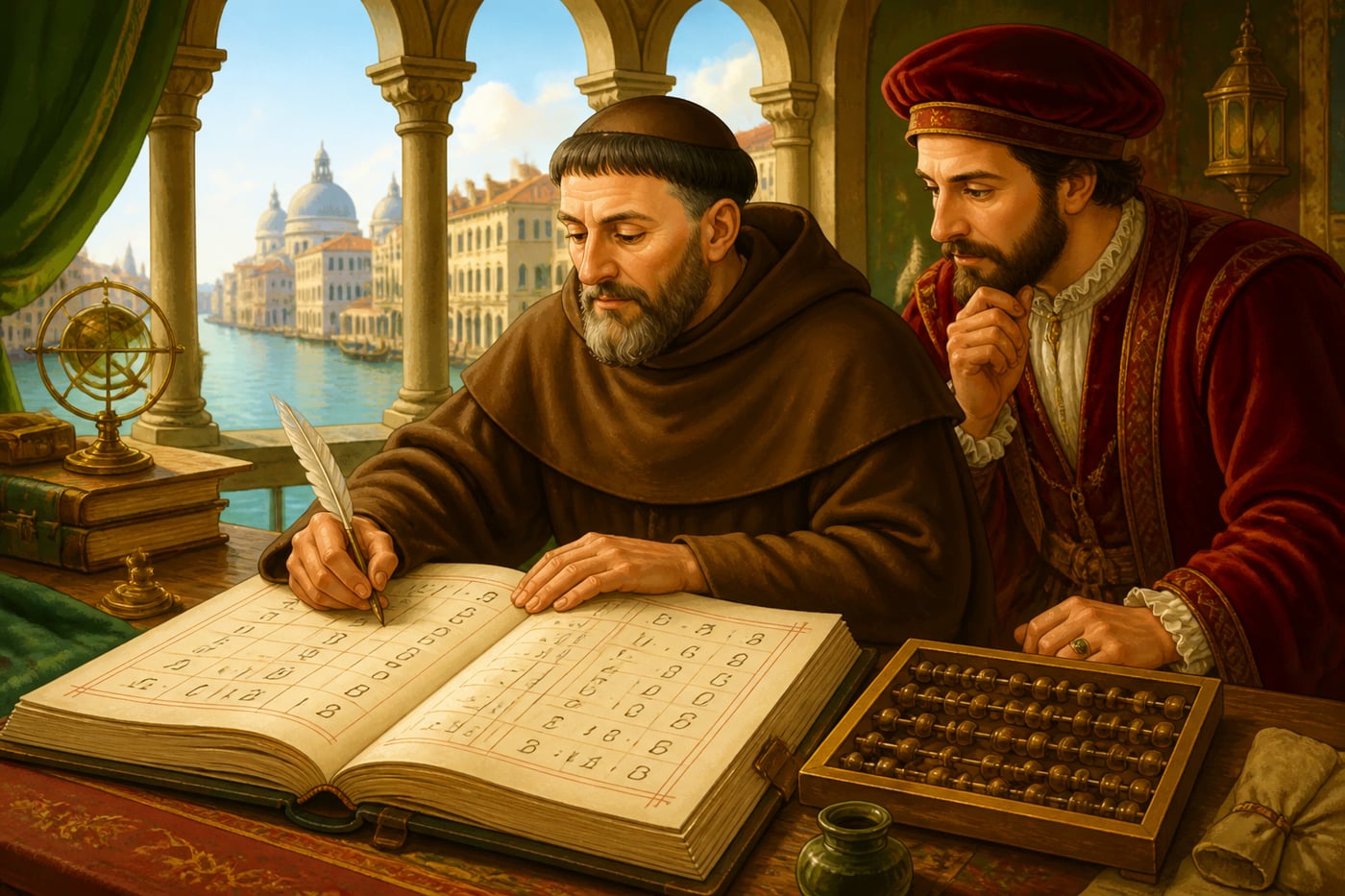 Luca Pacioli with double-entry ledger in Venice