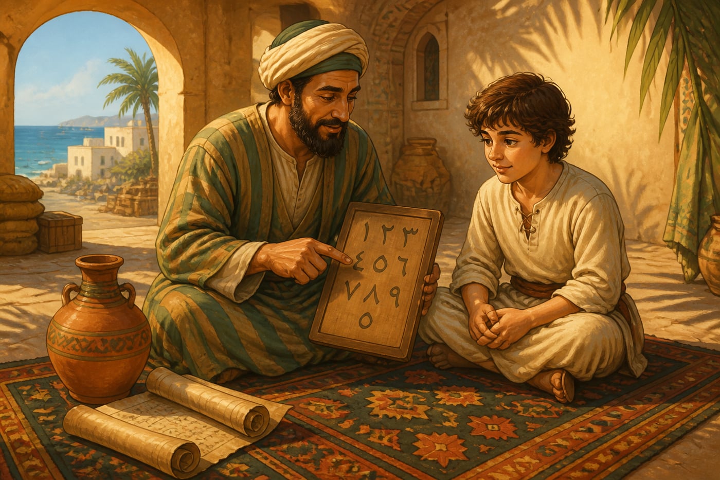Young Leonardo learning numerals in Bugia