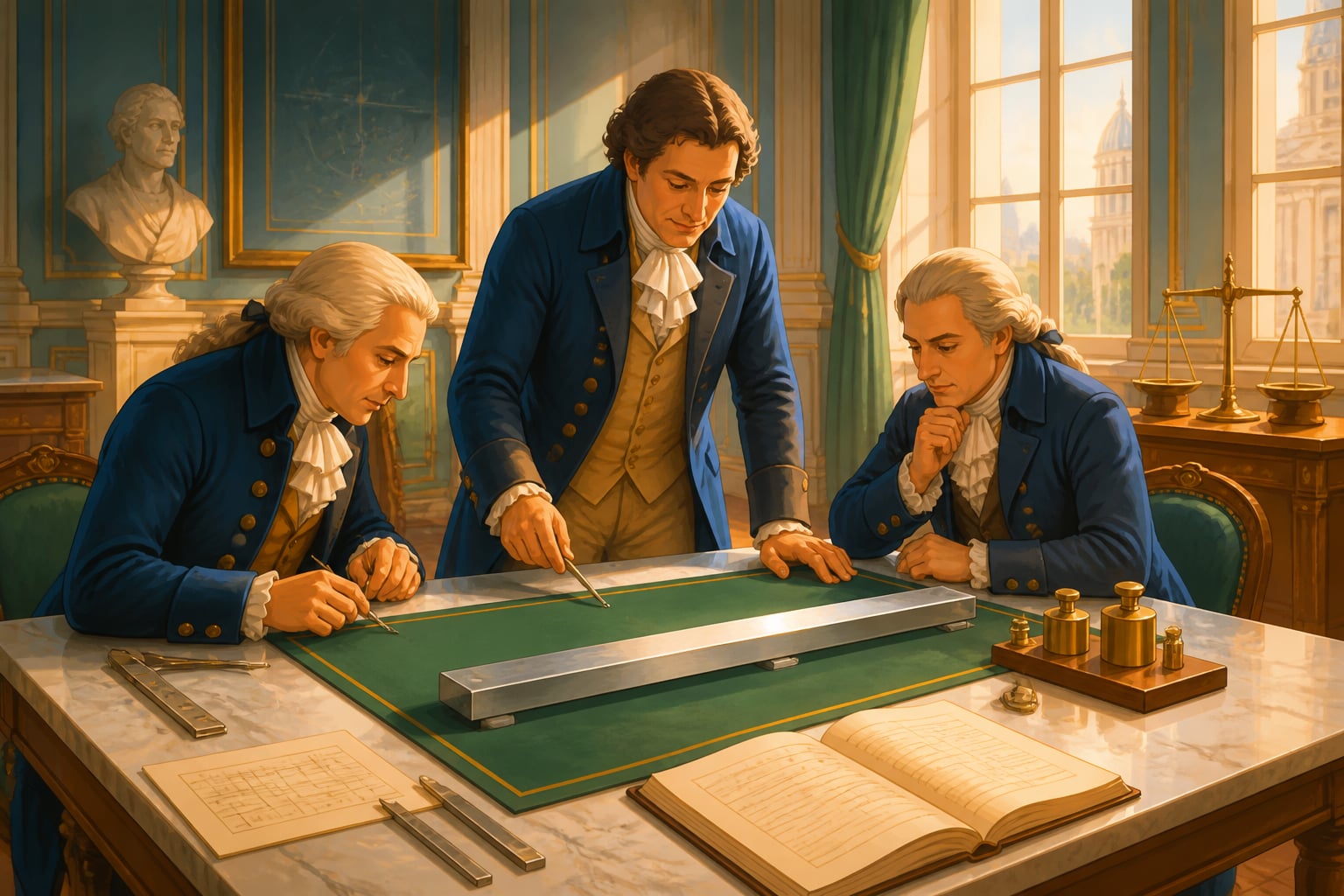 French committee weighing the platinum metre bar