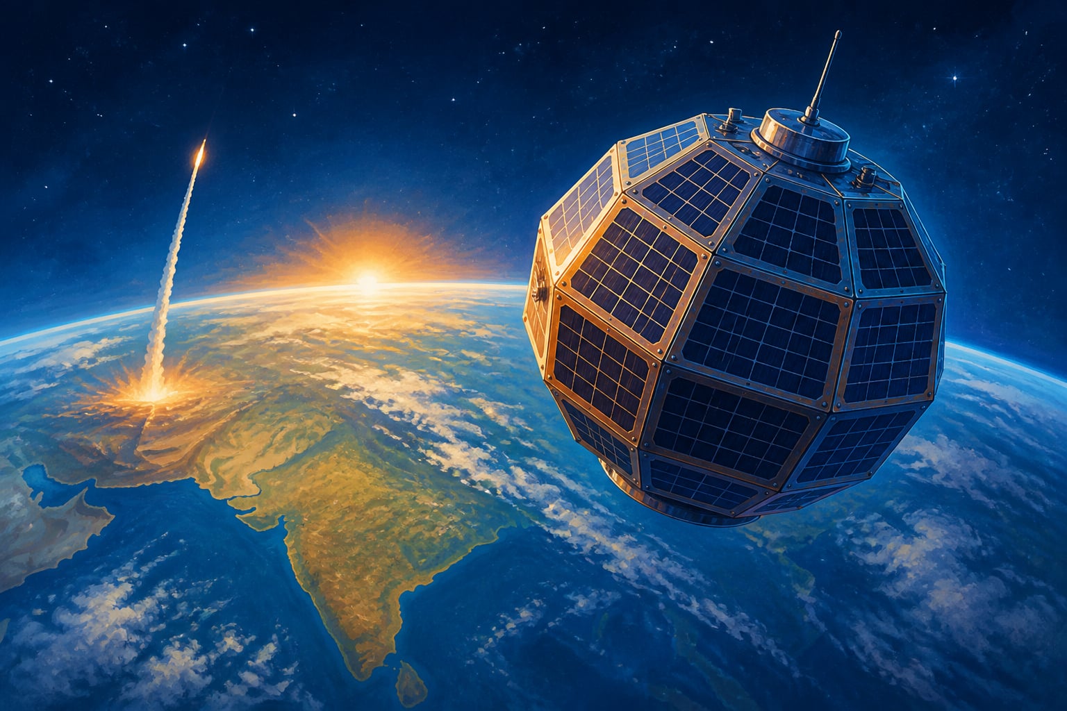 Aryabhata satellite rising over Earth in 1975