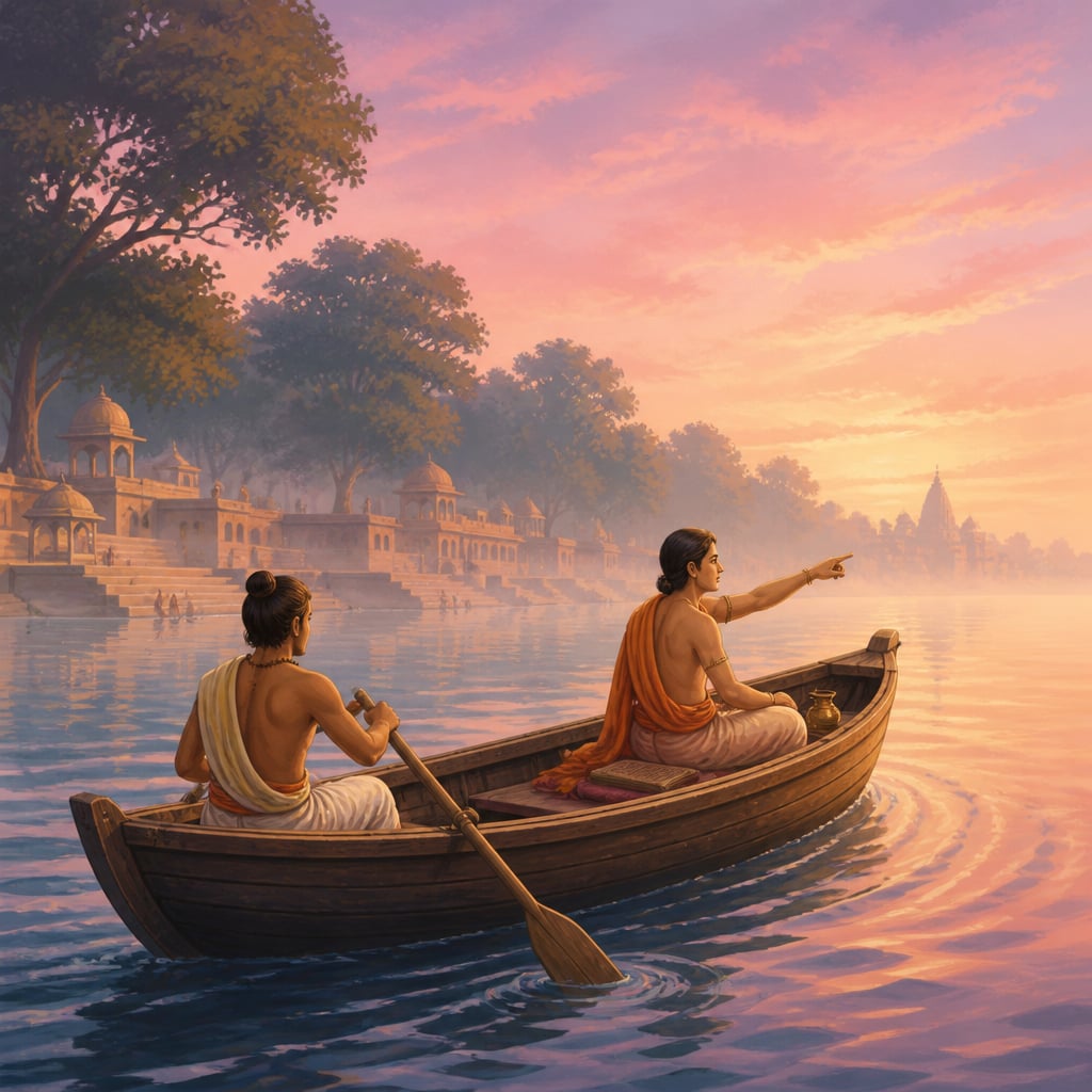 Boat on the Ganga at dawn with a palm-leaf scholar