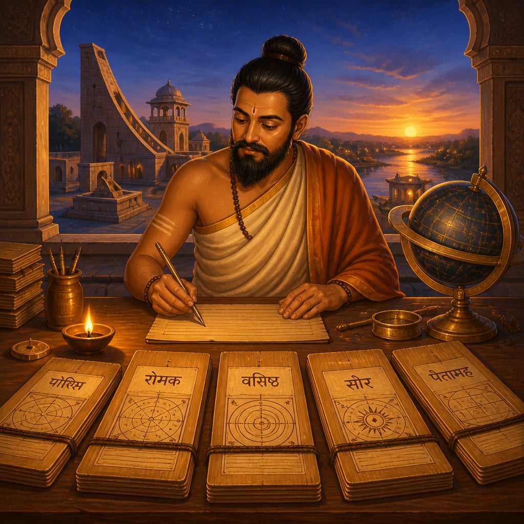 Varahamihira with five rival siddhanta manuscripts