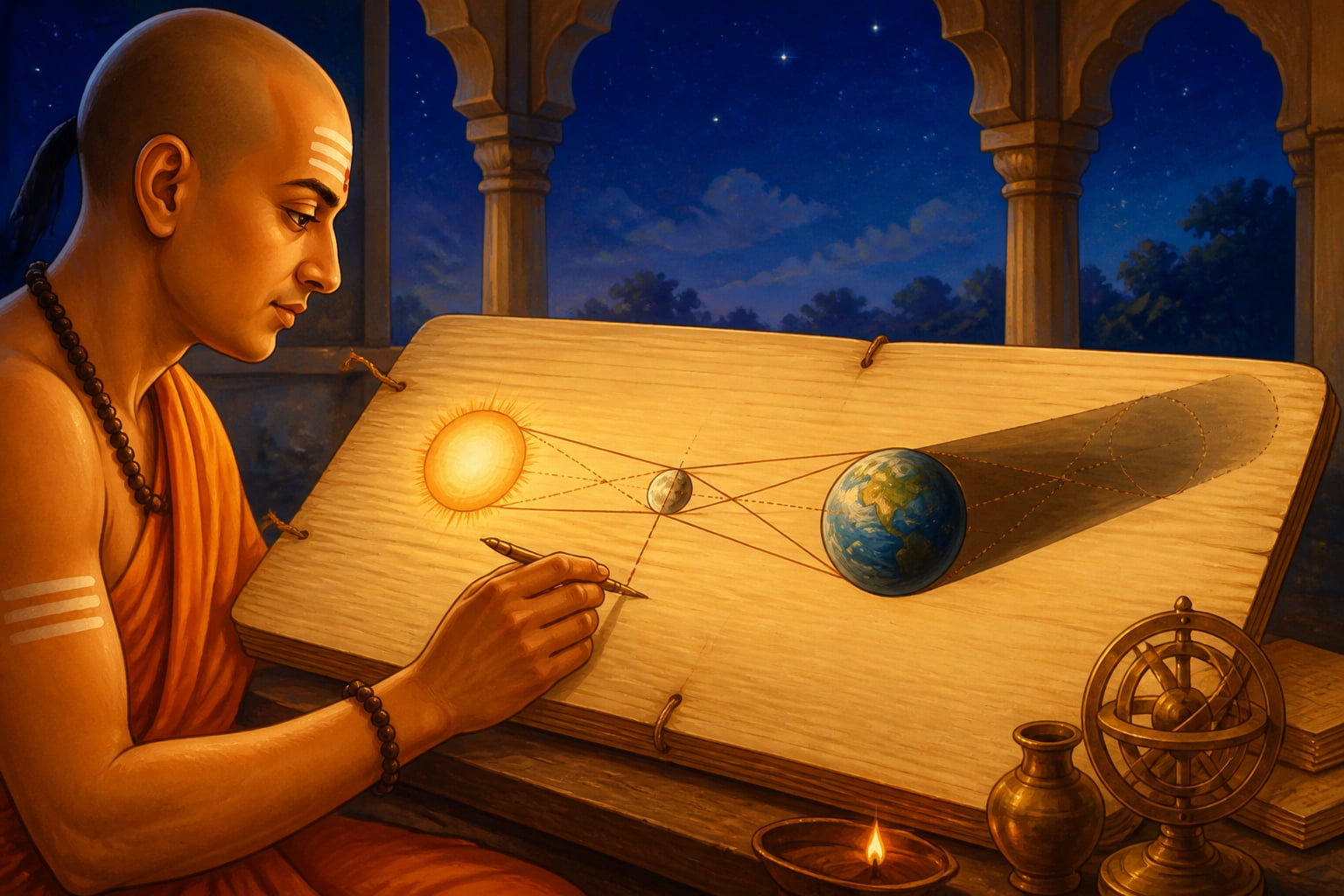 Aryabhata's three-body eclipse geometry on a palm leaf