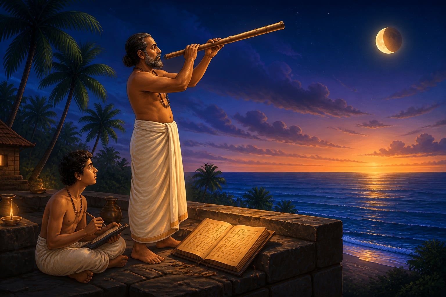 Parameshvara observing the moon through a bamboo sighting tube
